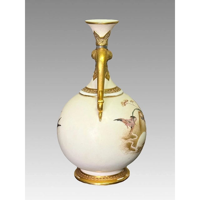 Late 19th Century Antique Royal Worcester Porcelain Dolphin Handled Gilt Vase With Pink Pelicans, 1884 #871 Aesthetic Movement For Sale - Image 5 of 14