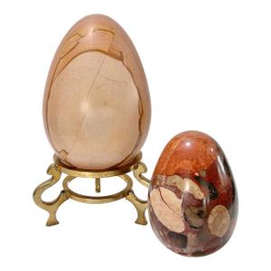 Large Vintage Polished Stone Decorative Eggs – Natural Stone Sculptures on Brass Stand (Pair)