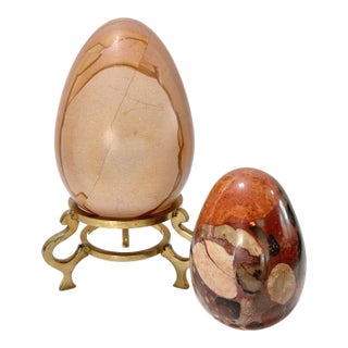 Large Vintage Polished Stone Eggs With Brass Stand – Pair For Sale