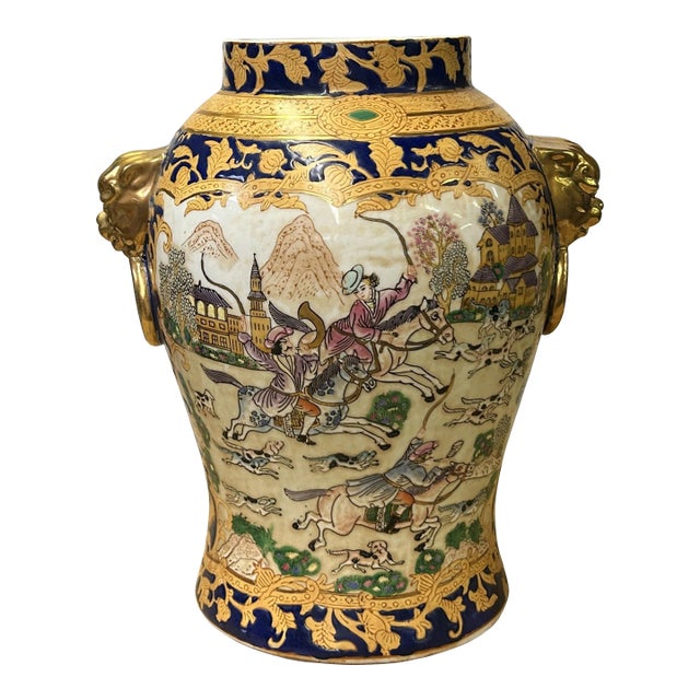 Chinese Oriental Porcelain People Scenery Foo Dog Round Fat Vase For Sale