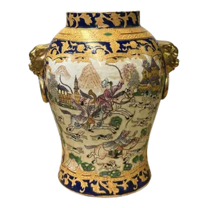 Chinese Oriental Porcelain People Scenery Foo Dog Round Fat Vase