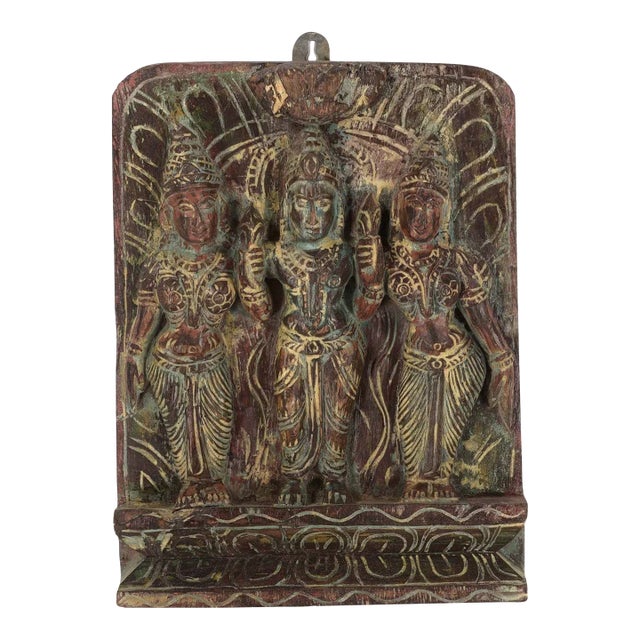 Hand Carved Vintage Wooden Krishna and Gopis Wall Hanging | Handmade Vintage Indian God Wooden Statue | Destressed Painted Wooden Sculpture For Sale