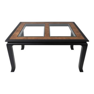 1970s Attributed to Chin Hua by Raymond Sobota for Century — Black Lacquer & Burl Glass-Top Extension Table, Model 540-333 For Sale