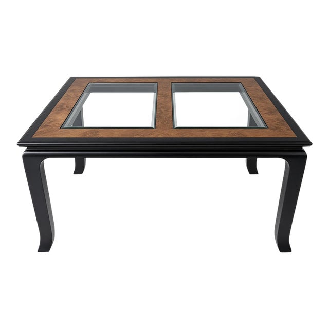1970s Attributed to Chin Hua by Raymond Sobota for Century — Black Lacquer & Burl Glass-Top Extension Table, Model 540-333 For Sale
