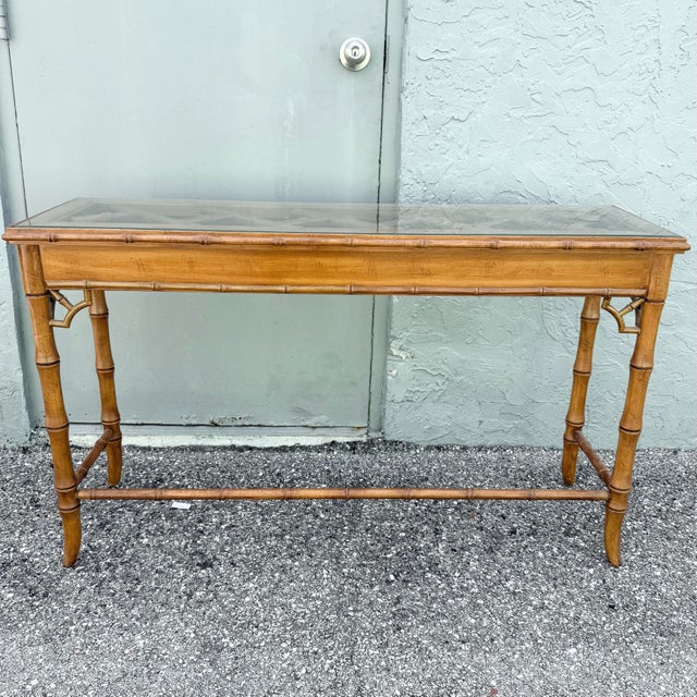 Brown Boho Chic Chippendale Style Faux Bamboo Glass Top Console Table For Sale - Image 8 of 8