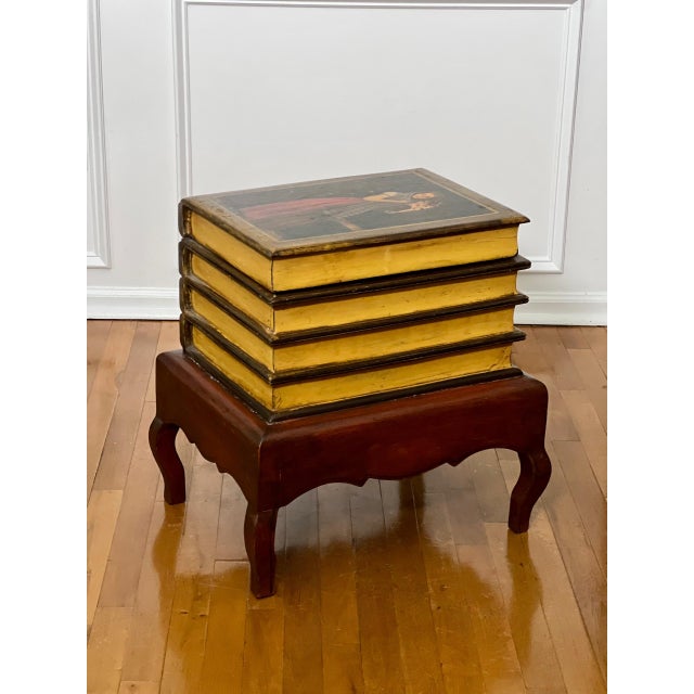 Wood 20th Century Faux Books Table With Portrait Painting and Lift-Top Storage For Sale - Image 7 of 12