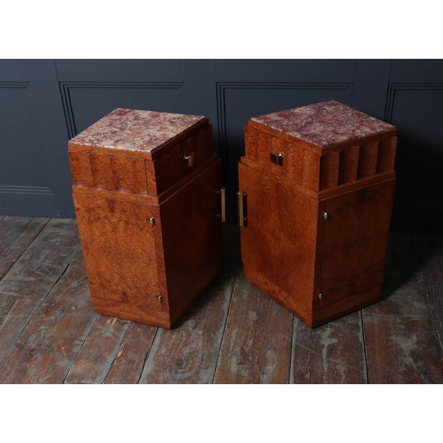 French Art Deco Bedside Tables in Amboyna and Marble, 1930s, Set of 2 For Sale - Image 13 of 15