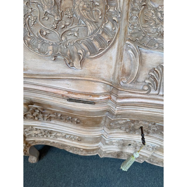 French Bleached + Carved Oak Wood Louis XV Secretary For Sale - Image 9 of 12