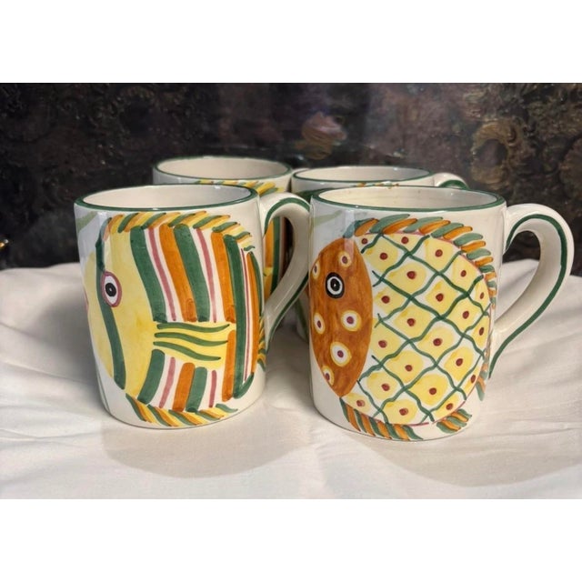 White Vintage Palmer Smith Italian Pesca Hand Painted Fish Coffee Cup Mugs, Set of 4 For Sale - Image 8 of 9
