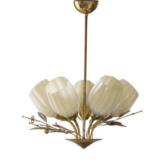 Mid-Century Modern Five-Light Ceiling Lamp with Opaline Glass Shades from Itsu, Finland, 1940s For Sale