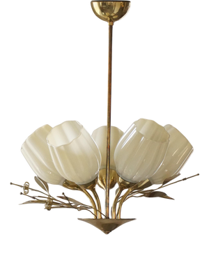 Mid-Century Modern Five-Light Ceiling Lamp with Opaline Glass Shades from Itsu, Finland, 1940s