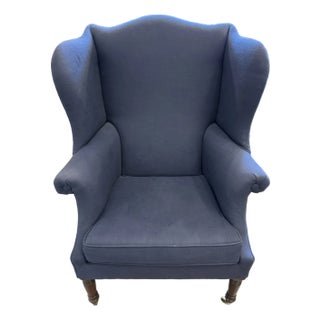 1800s Antique Wingback Blue Linen Chair For Sale