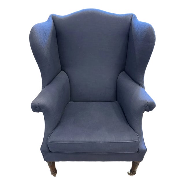 1800s Antique Wingback Blue Linen Chair For Sale