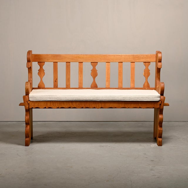 Handmade and sculptural Scandinavian hall bench in the style of Henning Kjærnulf. Brutalist bold proportions in solid oak...