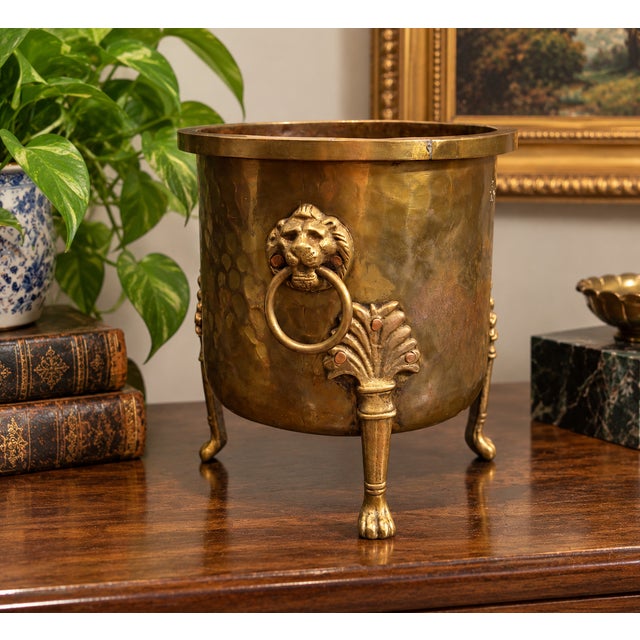 Neoclassical Antique Imperial Russian Tula Hammered Brass Jardinière With Lion Masks, C. 1900 For Sale - Image 3 of 16