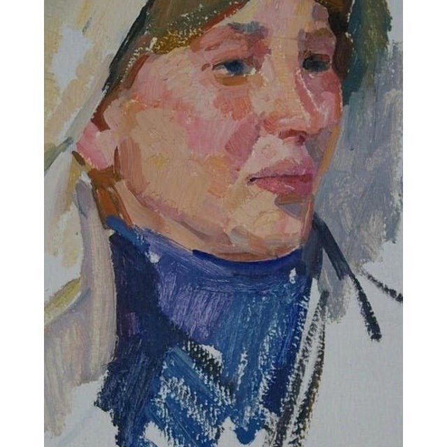 Ukrainian Portrait Painting, Soviet Woman, Original Oil on Cardboard, 1975 50-40 For Sale - Image 4 of 6