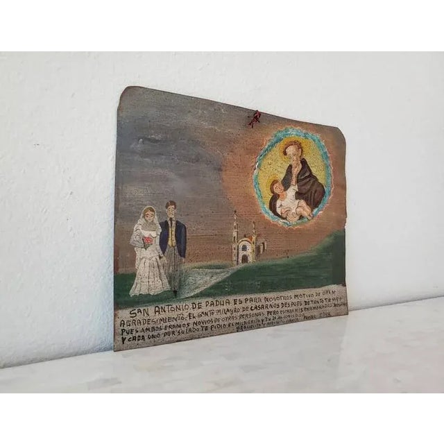 Vintage Mexican Religious Hand Painted Oil on Tin Panel Retablo Folk Art For Sale In Dallas - Image 6 of 11