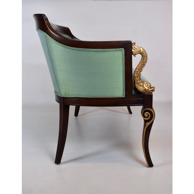 2000 - 2009 French Empire Style Curved Walnut Settee With Dolphin Arms, New Green Silk For Sale - Image 5 of 13