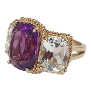 Christina Addison Elegant Purple Amethyst and Rock Crystal Ring With Gold Rope Twist Border
