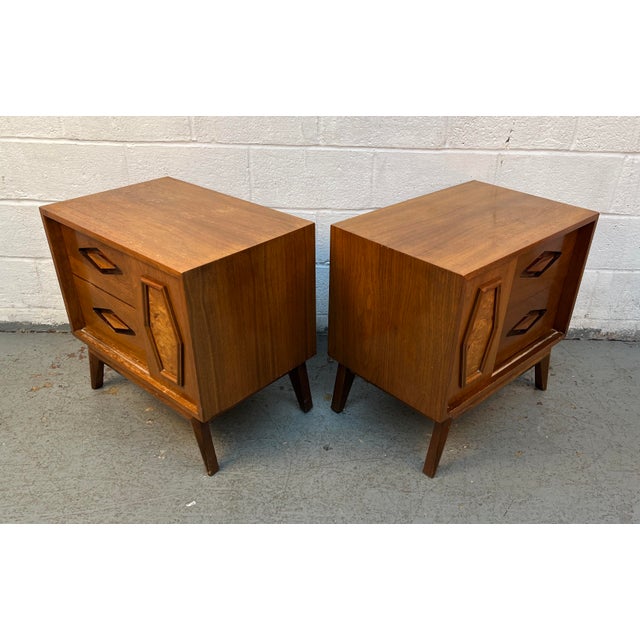 Mid-Century Modern Unique Mid-Century Walnut & Burl Diamond Front Night Stands For Sale - Image 3 of 15