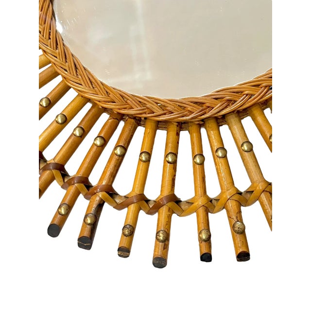 Mid 20th Century Mid-Century Italian Rattan & Bamboo Sunburst Mirror With Brass Accents For Sale - Image 5 of 15