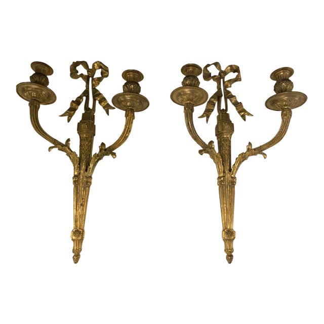 1920’s French Gilt Bronze Sconces With Ribbons - Pair For Sale