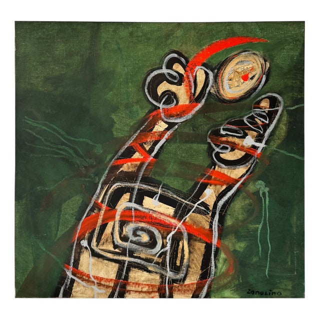 Philippe Zanolino, Green Abstract Composition, Oil on Canvas, 20th Century For Sale