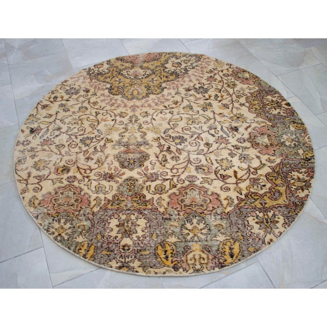 Round Turkish Rug Upcycled Vintage Hand Knotted Wool Circle Area Rug 5'3" X 5'3" For Sale - Image 4 of 13