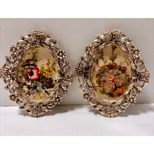 Metal Mid 20th Century Petite Oval Silver Plate Filigree Picture Frames, a Pair For Sale - Image 7 of 12