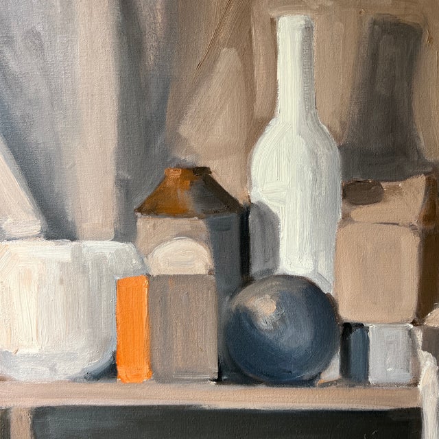 Textile 20 Th Century American School Oil on Canvas Abstract Still Life Bottles on Tabletop For Sale - Image 7 of 8