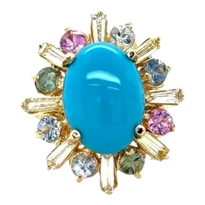 6.90 Carat Turquoise Diamond Sapphire Yellow Gold Cocktail Ring Size 7