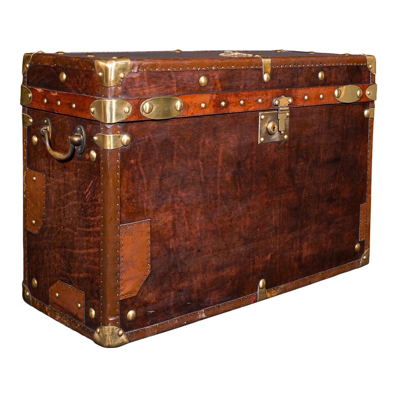 Large Vintage Campaign Luggage Case, English, Leather, Brass, Bedside