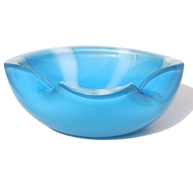 Glass Vintage Barbini Murano Blue White Stripes Gold Flecks Italian Art Glass Mid Century Ashtray Bowl Dish For Sale - Image 7 of 7