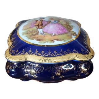 1950s Vintage Imperia Limoges French Cobalt 22k Gold Trinket Box With Courting Couple For Sale