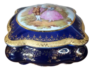 1950s Vintage Imperia Limoges French Cobalt 22k Gold Trinket Box With Courting Couple