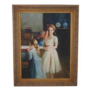 Kramer Artist-Signed Oil Painting on Canvas of Two Girls For Sale