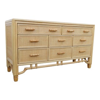 Hollywood Regency Faux Bamboo Rattan Woven Caned Long Dresser For Sale