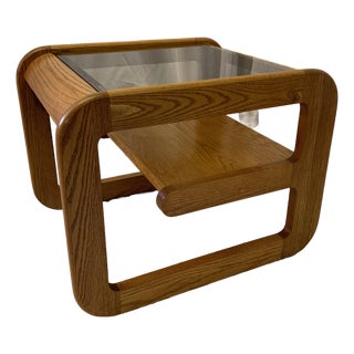 Vintage Mersman Bellaire Cantilevered Oak & Smoked Glass Side Table For Sale