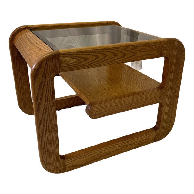 Vintage Mersman Bellaire Cantilevered Oak & Smoked Glass Side Table For Sale