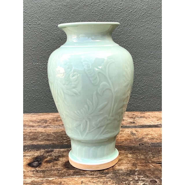 Ceramic Vintage Celadon Floral Relief Ceramic Vase For Sale - Image 7 of 12