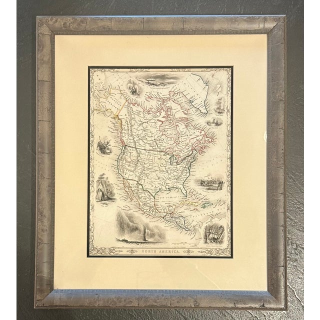Original hand-colored map of North America by John Tallis, 1851. Map includes numerous decorative vignettes including...