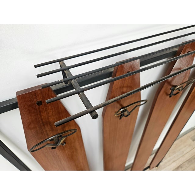 Mid-Century Modern Iron and Teak Wall Coat Rack with Brass Hangers, 1960 For Sale - Image 3 of 10