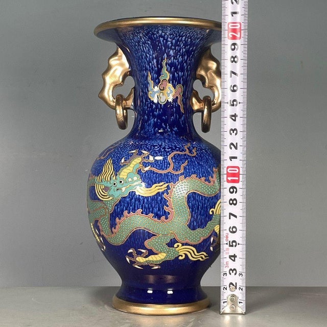 Asian Deep Blue Gilded Dragon Porcelain Vase, Twin Gold Ring Handles Decorative Vase For Sale - Image 3 of 9