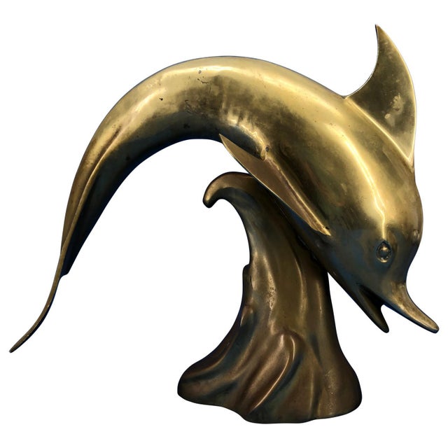 Mid-Century Modern Mid 20th Century Large Mid Century Brass Jumping Dolphin Sculpture For Sale - Image 3 of 9