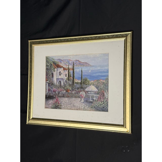 2020s Framed Mediterranean Coastal Villa Landscape Artwork For Sale - Image 5 of 7