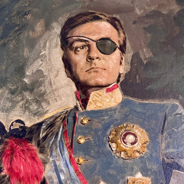Traditional One Patched Eye 1960s Vintage Framed Oil on Board Painting of Military Man For Sale - Image 3 of 12