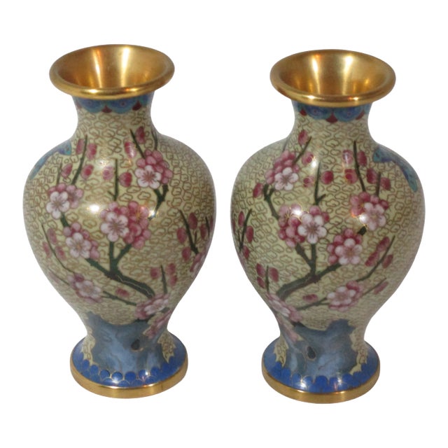 1960s Chinese Floral Cloisonne Vases - a Pair For Sale