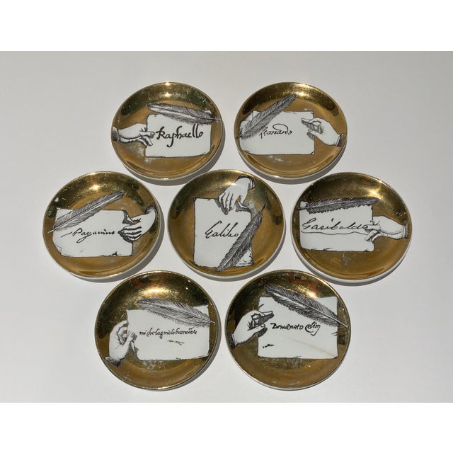 Piero Fornasetti Set of Seven Vintage Italian Gilt Porcelain “Autografi” Coasters by Piero Fornasetti For Sale - Image 4 of 12