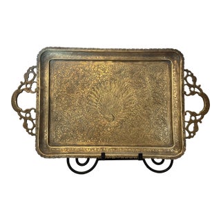 Large Vintage Etched Brass Tray With Peacock Design and Handcarved Scalloped Edges Made in India For Sale