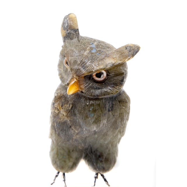 This gorgeous owl is carved of natural stone. Having intricate detail in the feathers. The stone has natural iridescent...